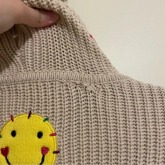 NWT Kerri Rosenthal Long Open Front Cream Cardigan Smiley Face XL - Picture 9 of 15